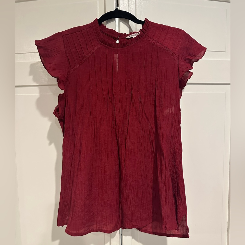 Nanette Lepore Red Blouse with Ruffled Cap Sleeves and Mandarin Collar